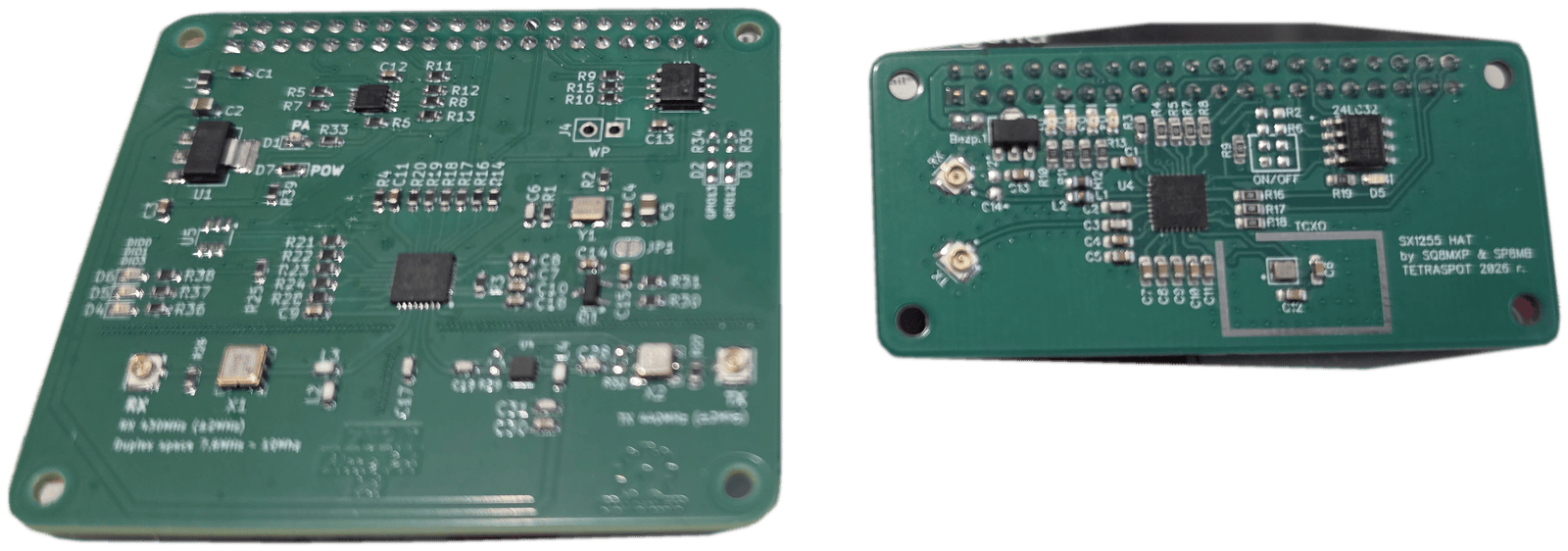 Płytki SDR TetraSpot — większa to projekt open hardware, mniejsza (SX1255 HAT) to nasz własny projekt SQ8MXP i SP8MB
