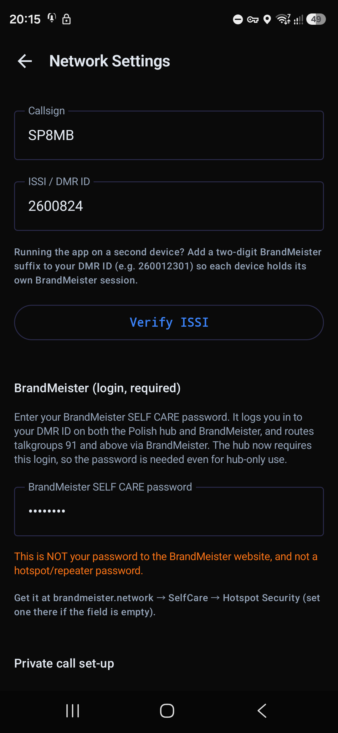Network settings — callsign, DMR ID, SELF CARE password
