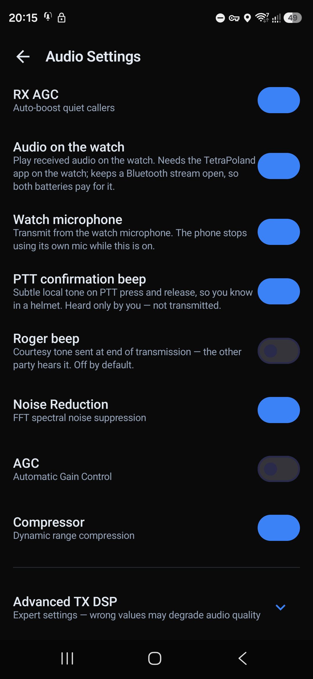 The rest of the audio settings — DSP and advanced