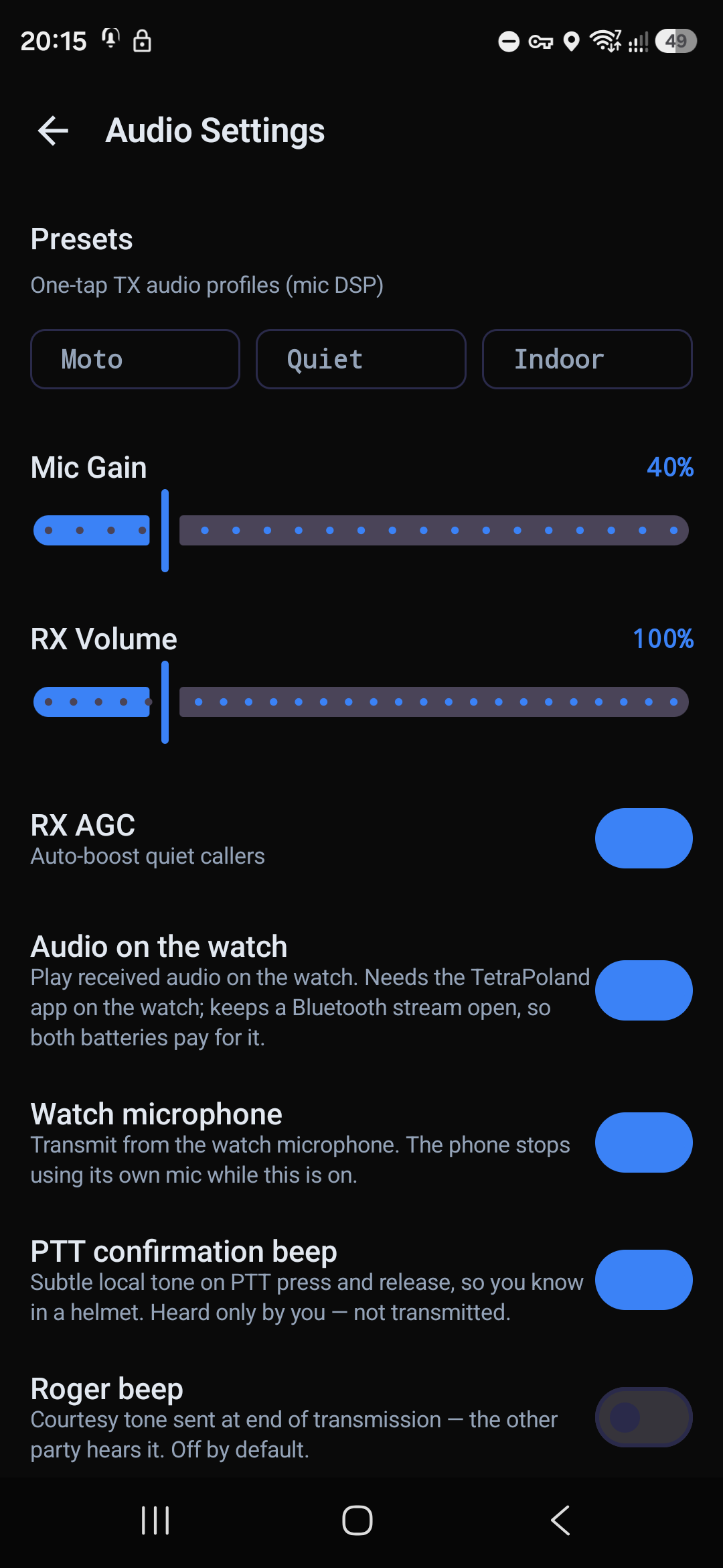 Audio settings — presets and gains