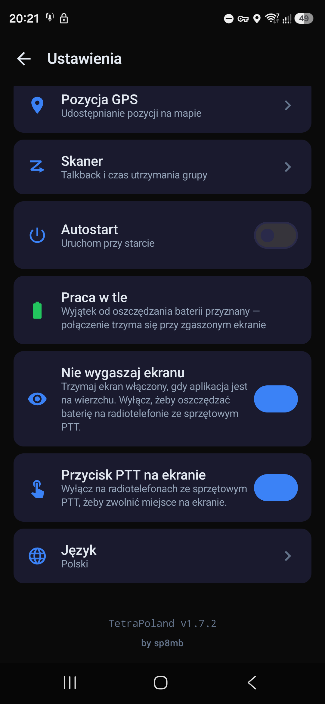 Ustawienia — autostart, praca w tle, ekran, język