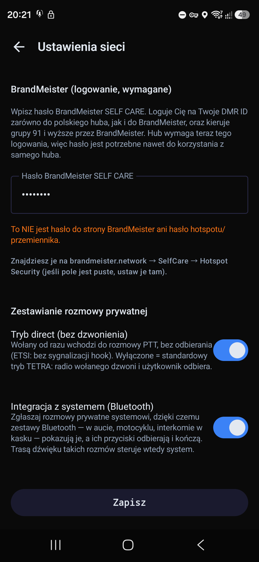 Dolna część ekranu sieci — hasło, tryb direct, integracja z systemem