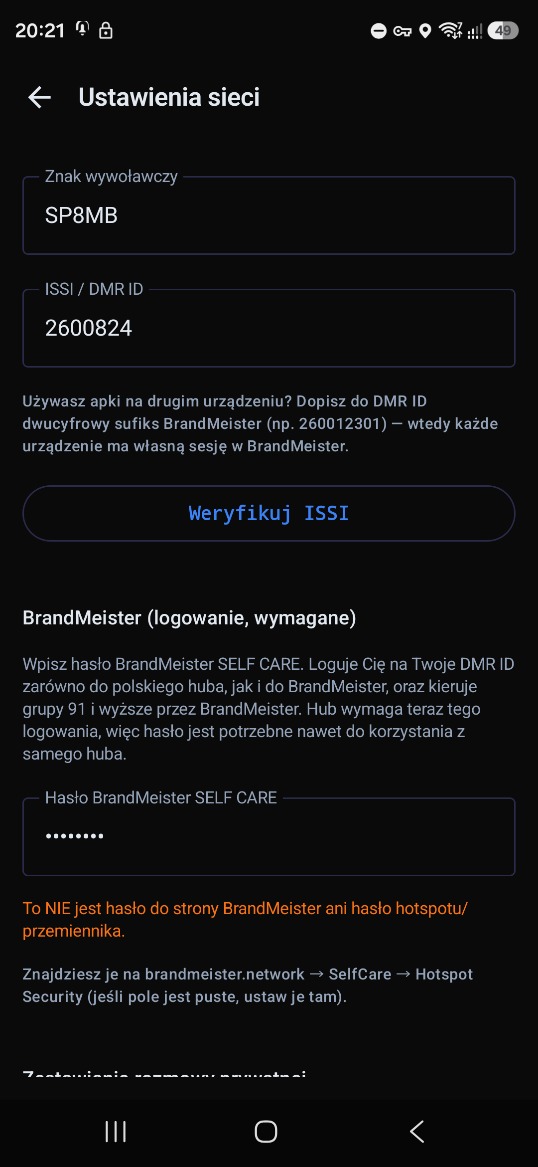 Ustawienia sieci — znak, DMR ID, hasło SELF CARE