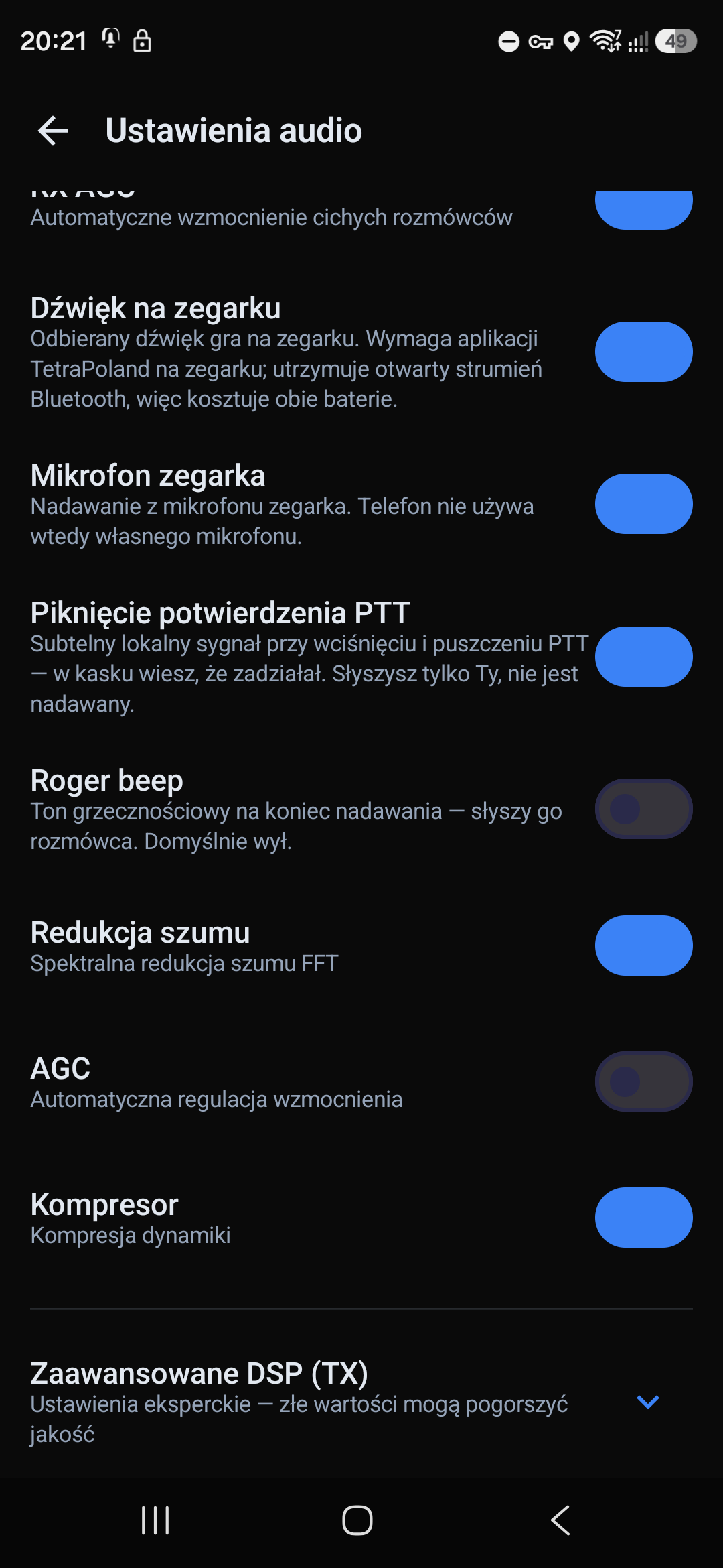 Dalsza część ustawień audio — DSP i zaawansowane