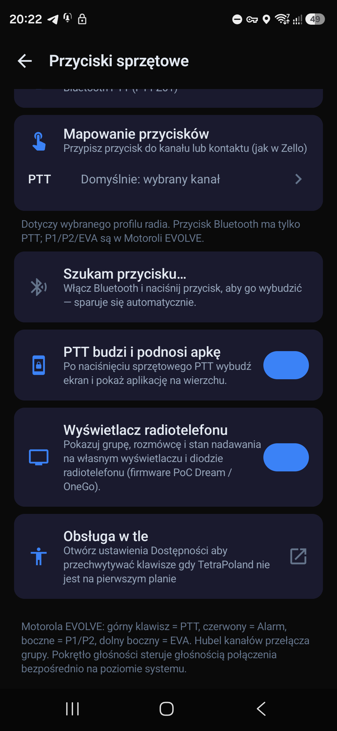Dalsza część ekranu przycisków