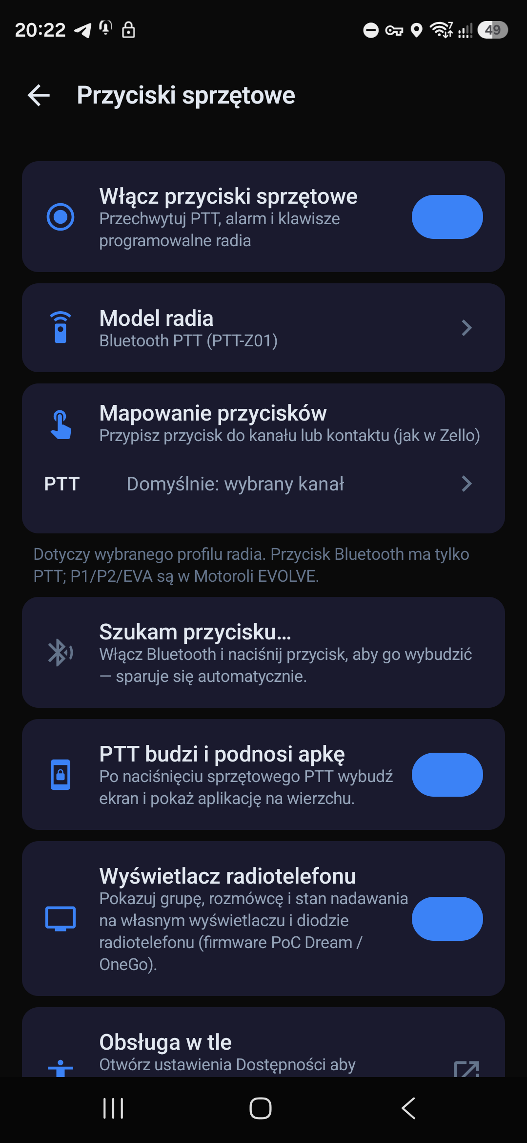 Przyciski sprzętowe — model radia i mapowanie