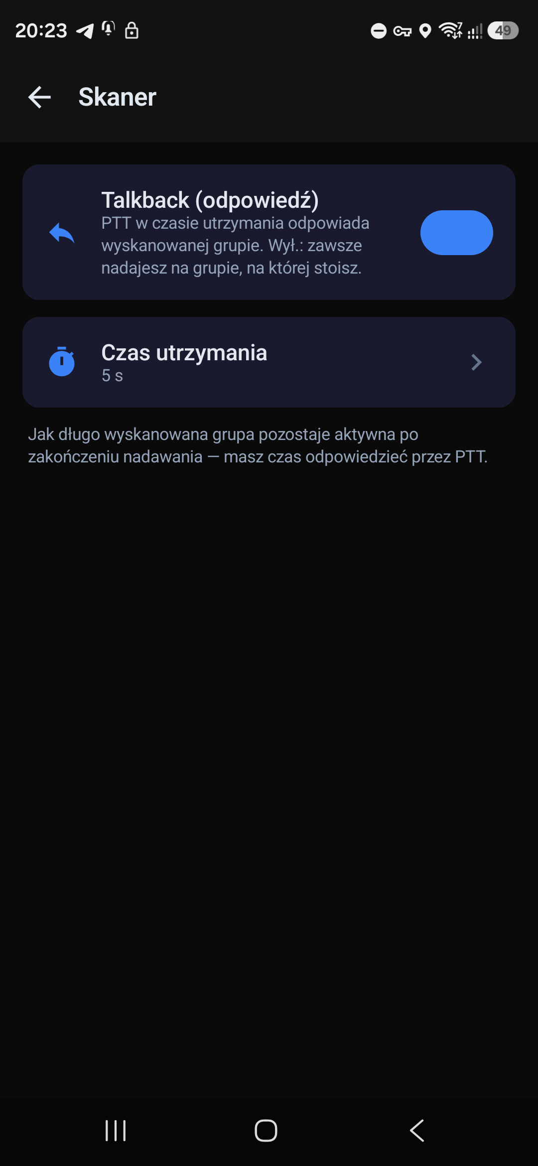 Ustawienia skanera — talkback i czas utrzymania