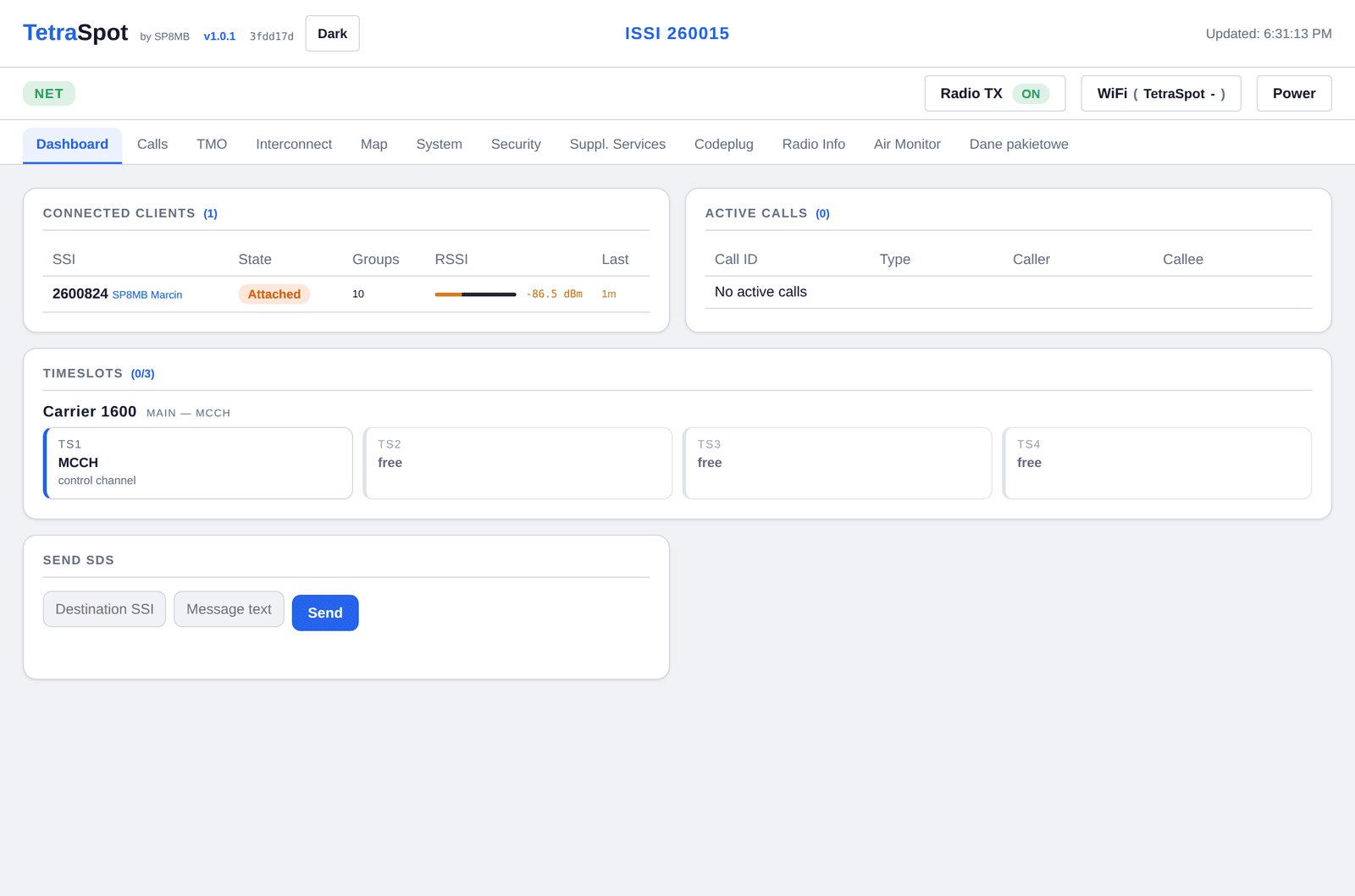 Dashboard — clients, calls, timeslots, SDS sending