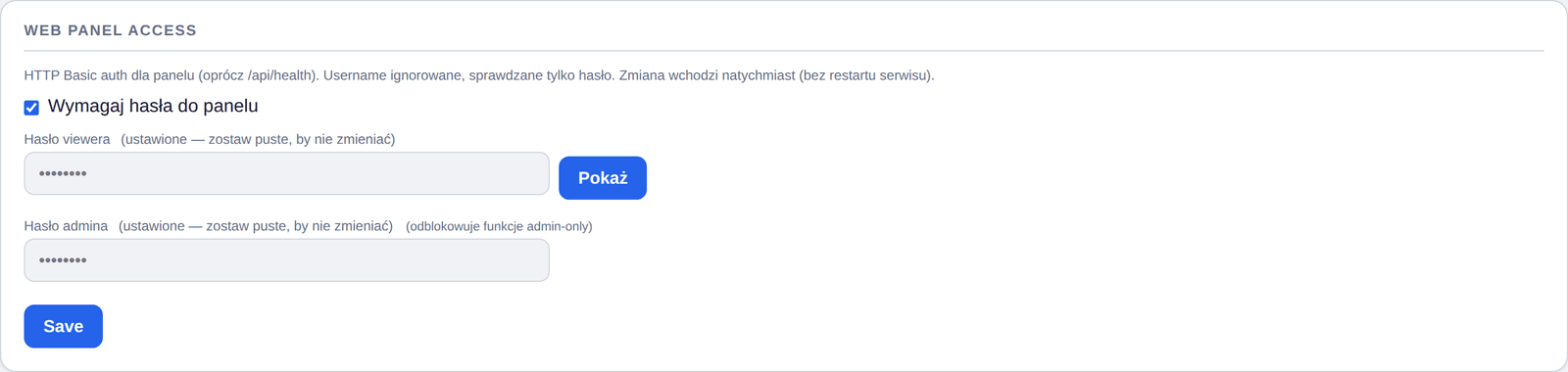 Security — web panel access