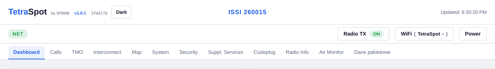 Top of the panel: status bar and tabs